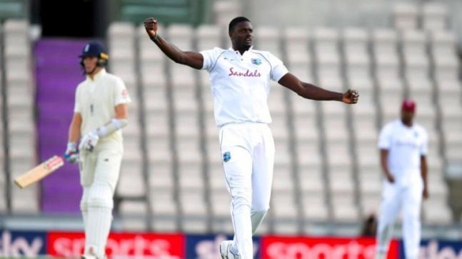 Jason Holder exults after taking a wicket in the Southampton Test.