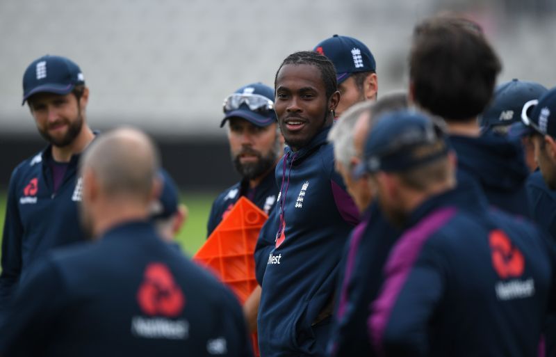 Jofra Archer with his England teammates during a practice session