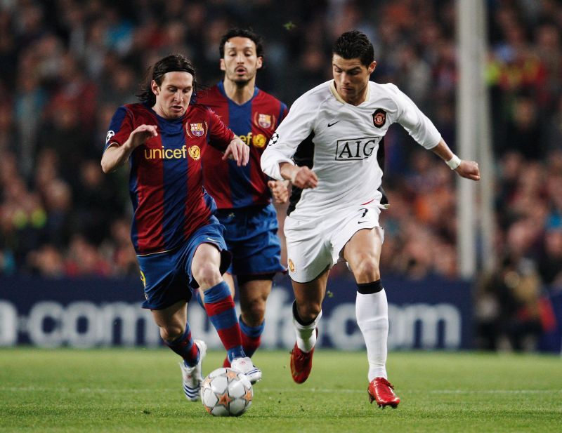 Lionel Messi duelling with Cristiano Ronaldo in the UEFA Champions League Semi-Final