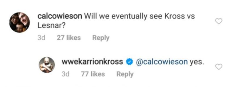 Karrion Kross replying to a fan&#039;s question about facing Brock Lesnar