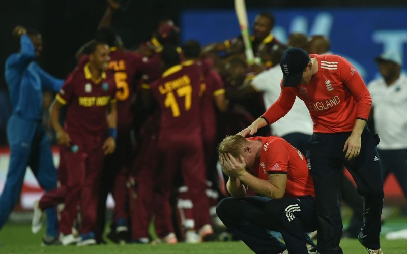 Ben Stokes is consoled by his captain Eoin Morgan, after being hit for 4 consecutive sixes in the final over of the 2016 World T20 Final.