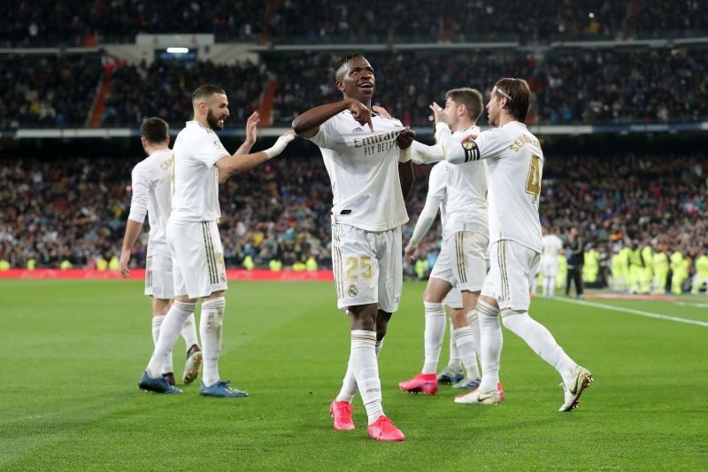 Vinicius celebrates after scoring Real Madrid&#039;s opening goal of the latest El Clasico
