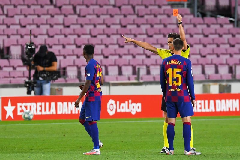 Barcelona&#039;s Fati reacts in disbelief after being sent off just five minutes into the second-half vs. Espanyol