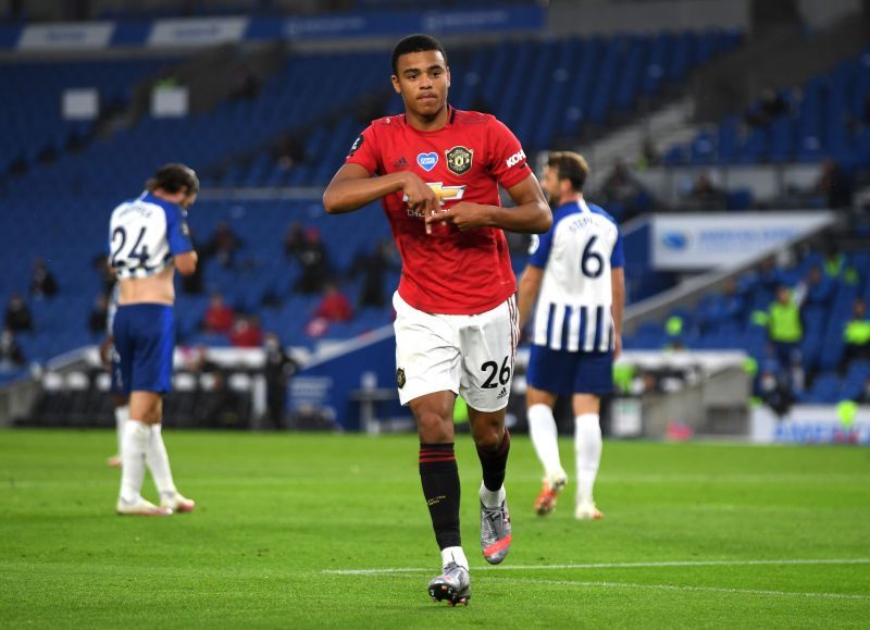 Mason Greenwood celebrates his goal for Manchester United against Brighton.