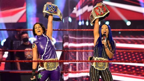 Bayley and Sasha Banks before Stephanie McMahon interrupted them