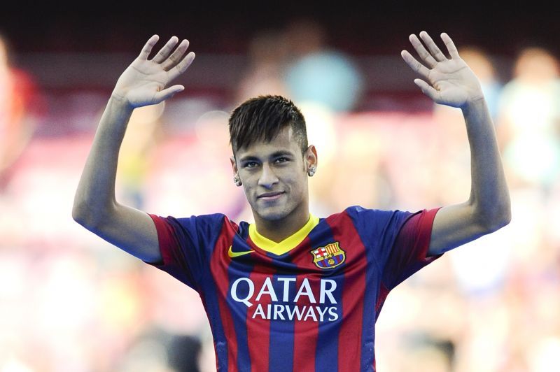 Neymar was unveiled at the Nou Camp. He wore a Qatar Airways-sponsored jersey.