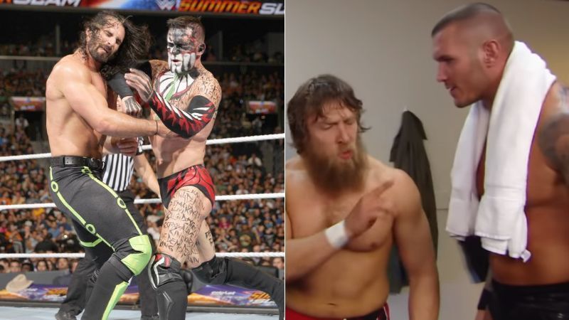 Seth Rollins and Finn Balor (left); Daniel Bryan and Randy Orton (right)