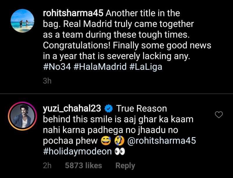 Yuzvendra Chahal's comment on Rohit Sharma's recent Instagram post