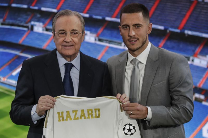 Real Madrid president poses with new signing Eden Hazard prior to the start of the season