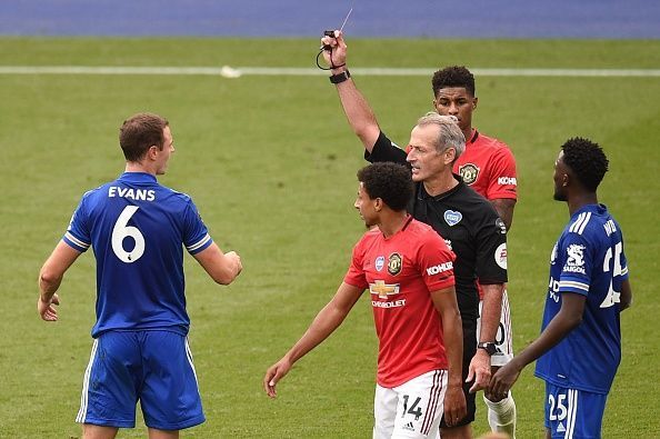 Jonny Evans gets red carded for a horror tackle on Scott McTominay
