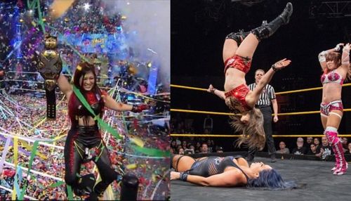 Io Shirai with the NXT Women's Championship; AEW's Rebel in her WWE NXT match against Io Shirai and Kairi Sane