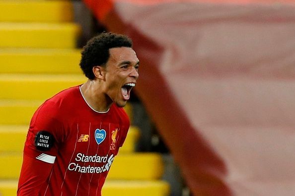 Trent Alexander-Arnold celebrates a goal for Liverpool