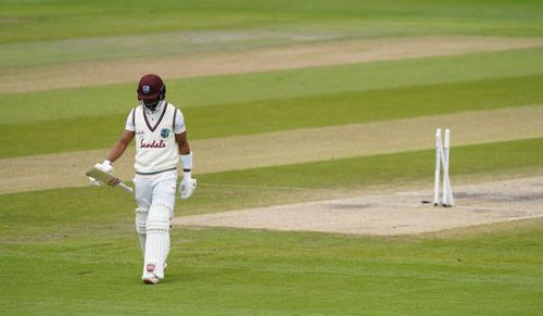 West Indies' Shai Hope walks back after his dismissal in the second Test.