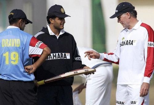 Former India captain Sourav Ganguly seen with former coach Greg Chappell.