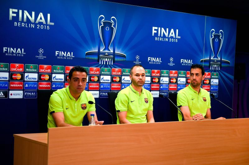 Barcelona&#039;s Xavi Hernandez (left), Andres Iniesta (centre) and Sergio Busquets before the 2015 Champions League final.