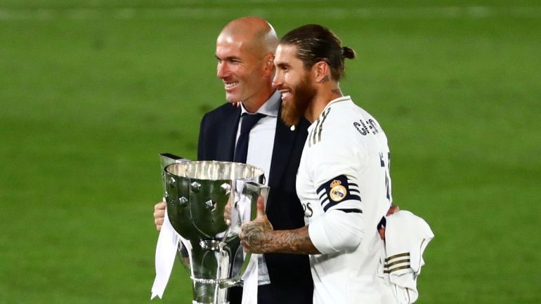 Real Madrid duo Zidane and Ramos celebrate their La Liga trophy