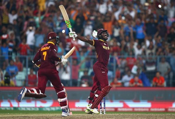 The winning moment - Carlos Brathwaite after hitting four sixes and winning it for West Indies