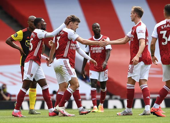 Kieran Tierney and Rob Holding celebrate the former&#039;s first Arsenal goal