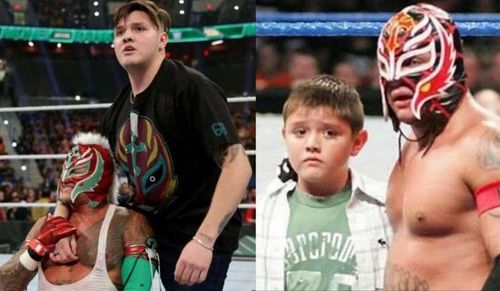 Dominik Mysterio rescues his father; Rey Mysterio with Dominik as a child in WWE