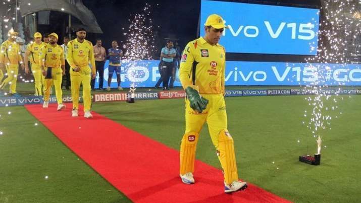 MS Dhoni leading his CSK troops onto the field in an IPL game.