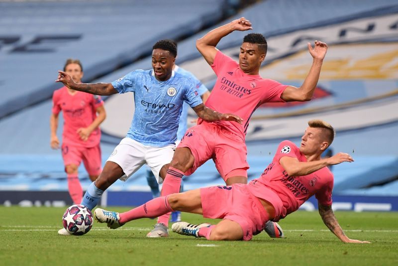 Casemiro (middle) was error-prone and struggled in challenges against a tenacious Manchester City display