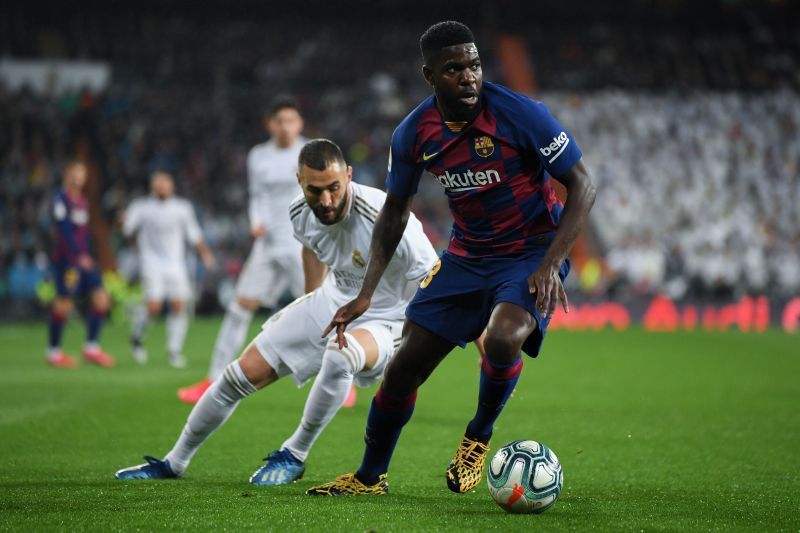 Samuel Umtiti for FC Barcelona against Real Madrid CF in the La Liga