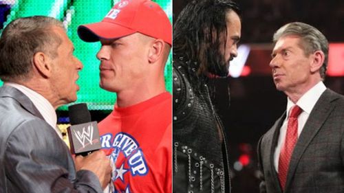 Vince McMahon and John Cena (left); Drew McIntyre and Vince McMahon (right)