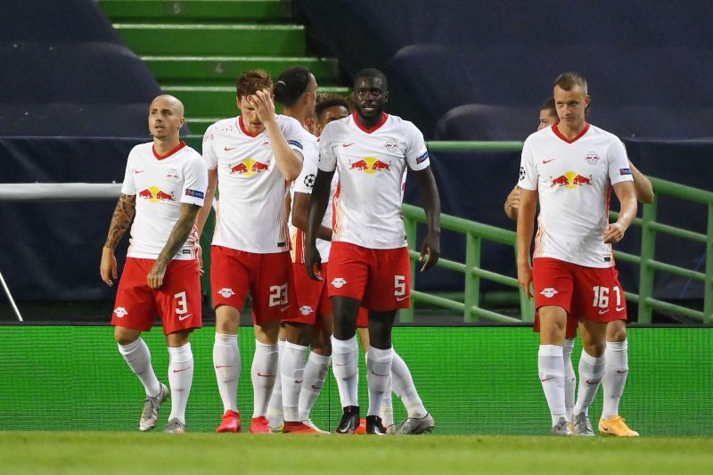 RB Leipzig players celebrate Dani Olmo's opening goal