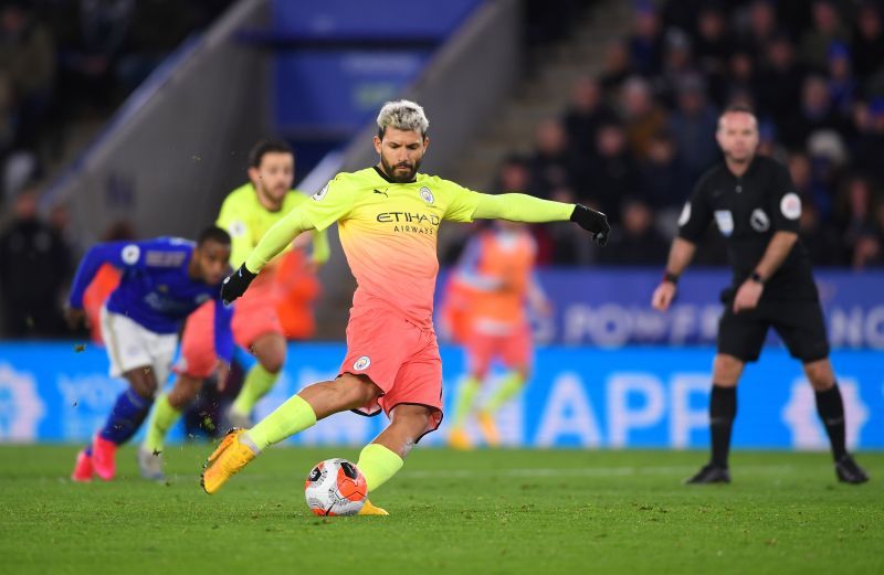 Sergio Aguero takes a penalty for Manchester City