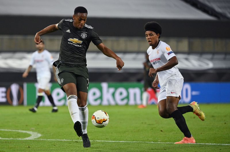 Anthony Martial against Jules Kounde of Sevilla FC during the Europa League Semi Final