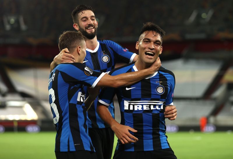 Lautaro Martinez of Inter Milan celebrates with his teammates after scoring