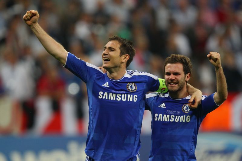 Frank Lampard and Juan Mata celebrate Chelsea's Champions League victory