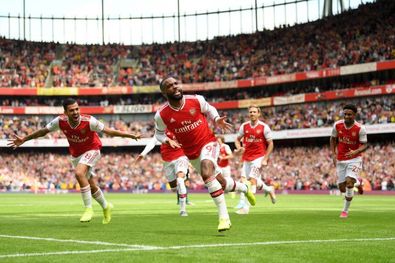 Lacazette celebrates after scoring a goal for Arsenal