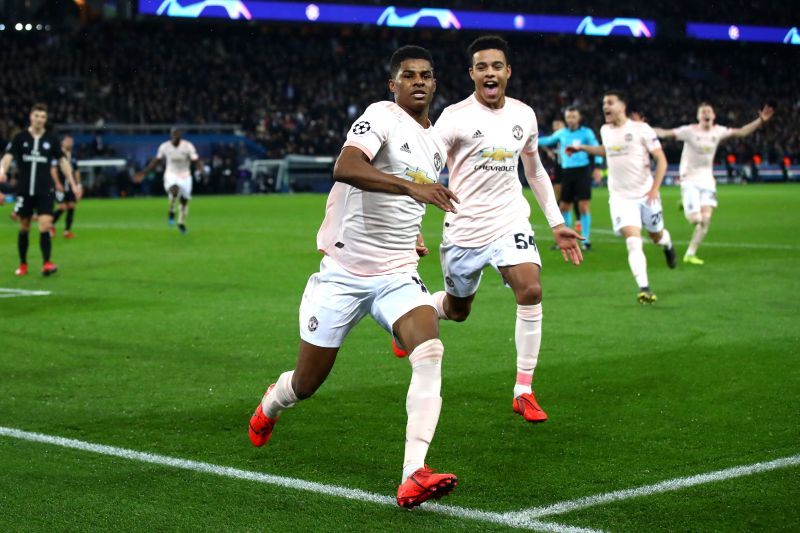 Rashford celebrates after scoring United&#039;s winner in stoppage time in last year&#039;s Round of 16 tie against PSG