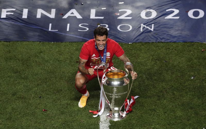Bayern&#039;s Coutinho celebrates his first UCL trophy, having helped dump his parent club out in the quarters