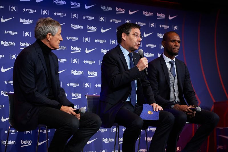 Josep Bartomeu (centre) and his fall guys, Quique Setien (left) and Eric Abidal (right).