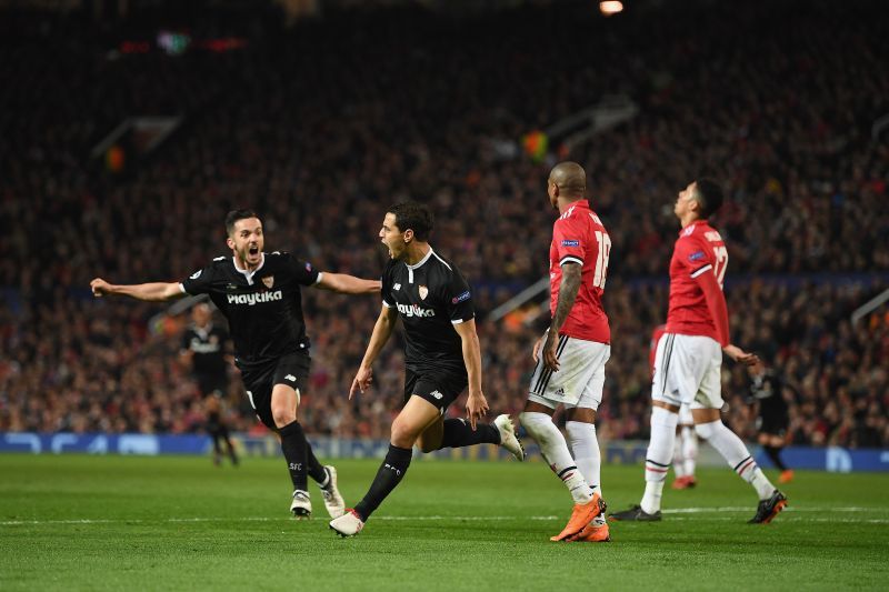 Wissam Ben Yedder wheels away in celebration after scoring Sevilla's winner against Manchester United in their previous meeting