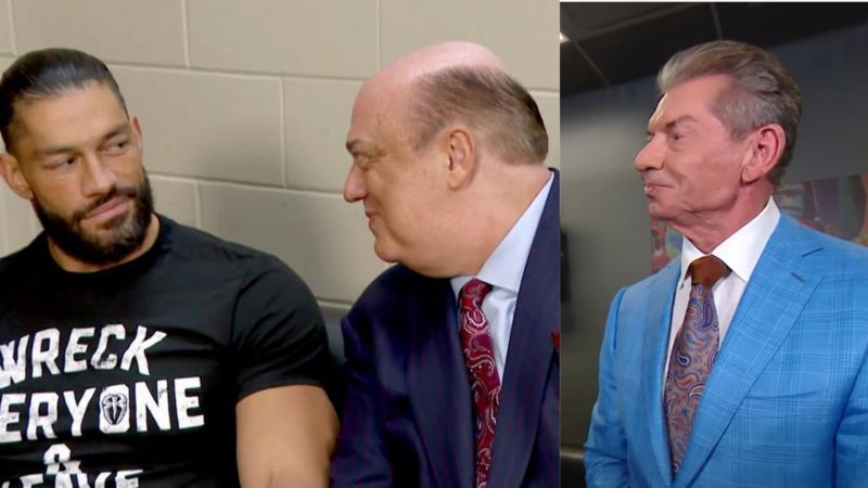 Roman Reigns, Paul Heyman and Vince McMahon.