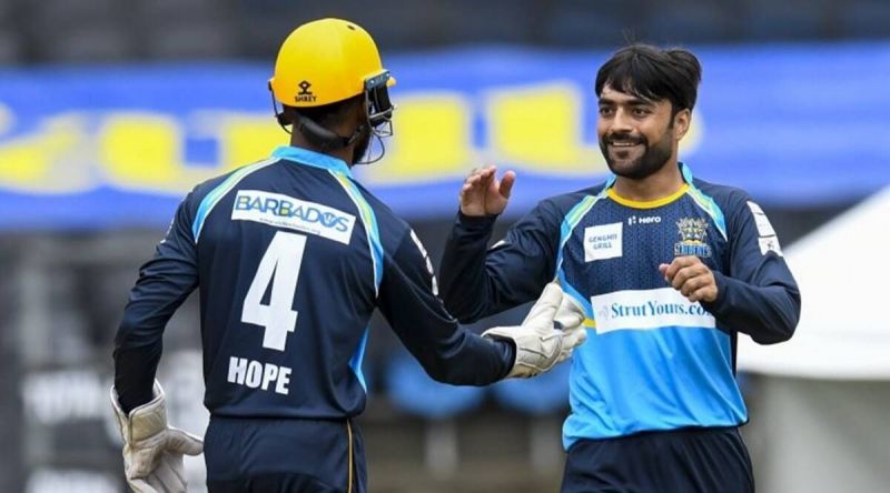 Shai Hope (L) and Rashid Khan (R) will have to come good for the Tridents in this CPL match