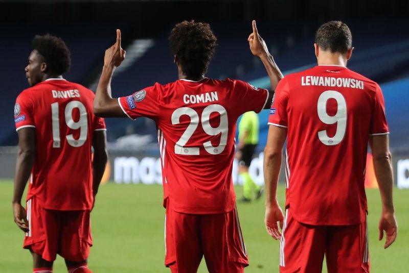 Bayern&#039;s Coman celebrates his match-winning header against the club he first joined as an eight-year-old