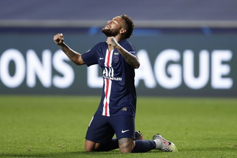 Neymar celebrates reaching his second UEFA Champions League Semi-Final