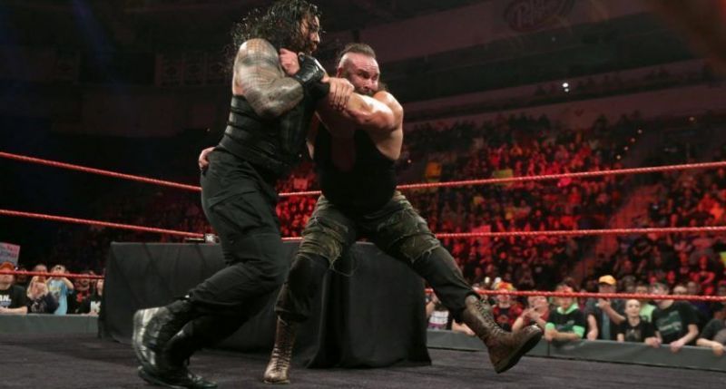 Strowman moments before shoving Reigns into the top rope