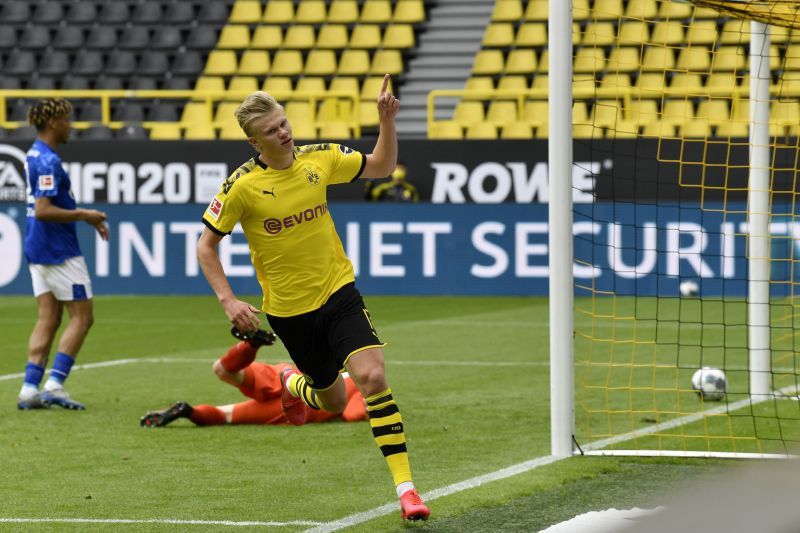 Erling Haaland celebrates a goal for Borussia Dortmund