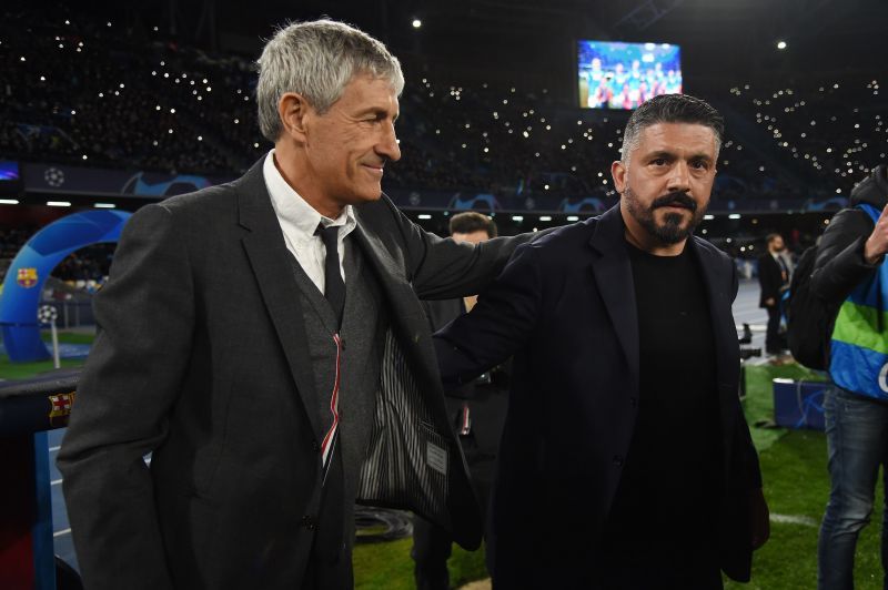 Quique Setien FC Barcelona coach greets Gennaro Gattuso SSC Napoli coach
