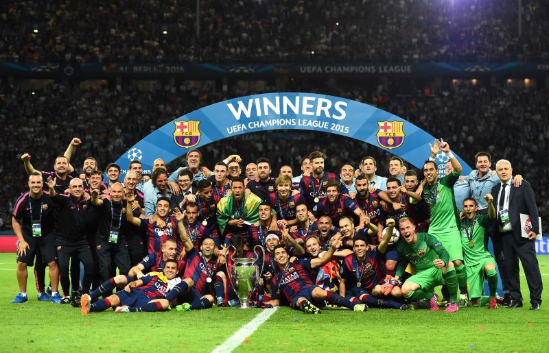 Barcelona celebrate their UCL victory against Juventus