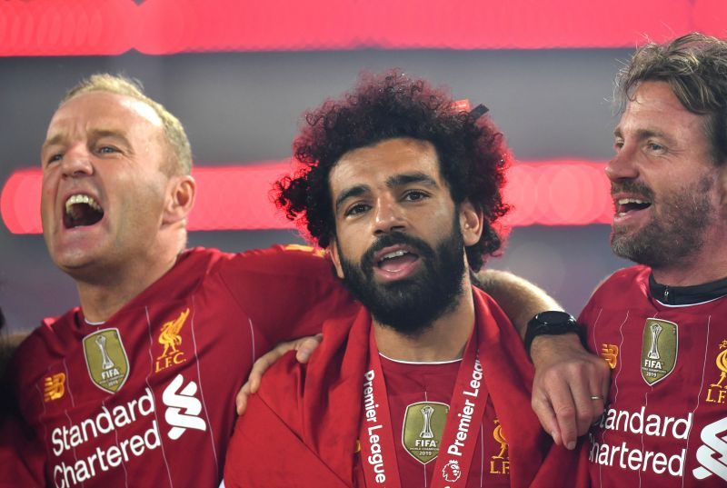 Mohamed Salah (center) during Liverpool's Premier League title celebrations