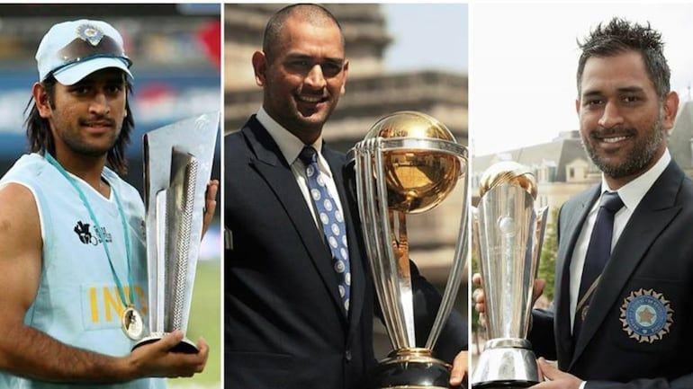 MS Dhoni posing with all the three ICC trophies he has won as the Indian captain.