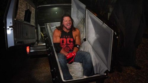 AJ Styles in a coffin ahead of the WWE Boneyard match against The Undertaker