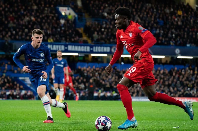 Bayern Munich&#039;s Alphonso Davies in action against Chelsea during the first leg