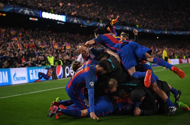 Barcelona celebrate after Sergi Roberto scored the winner in the dying embers of the game against PSG